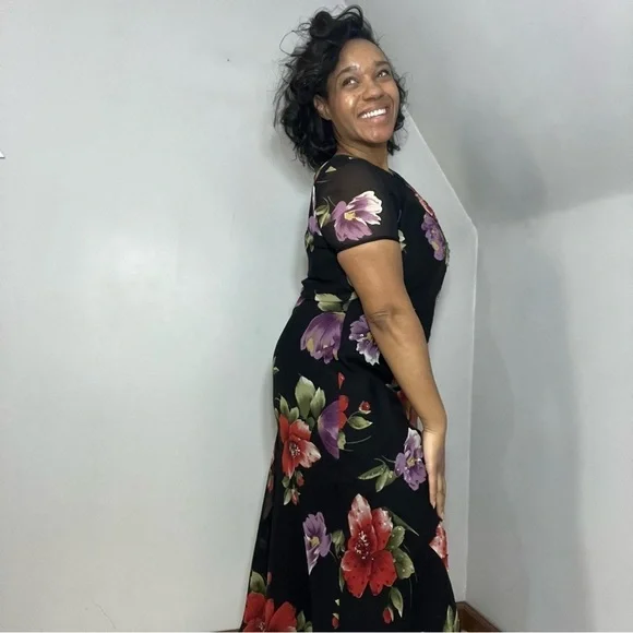 Vintage Floral Maxi Dress Whimsigoth Flowy Evening Gown Cocktail Bloomcore Party - Picture 3 of 16